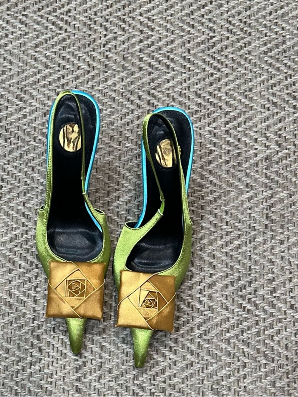 Green Satin Pointed Toe Heels with Brown Rosette - Picture 3 of 9
